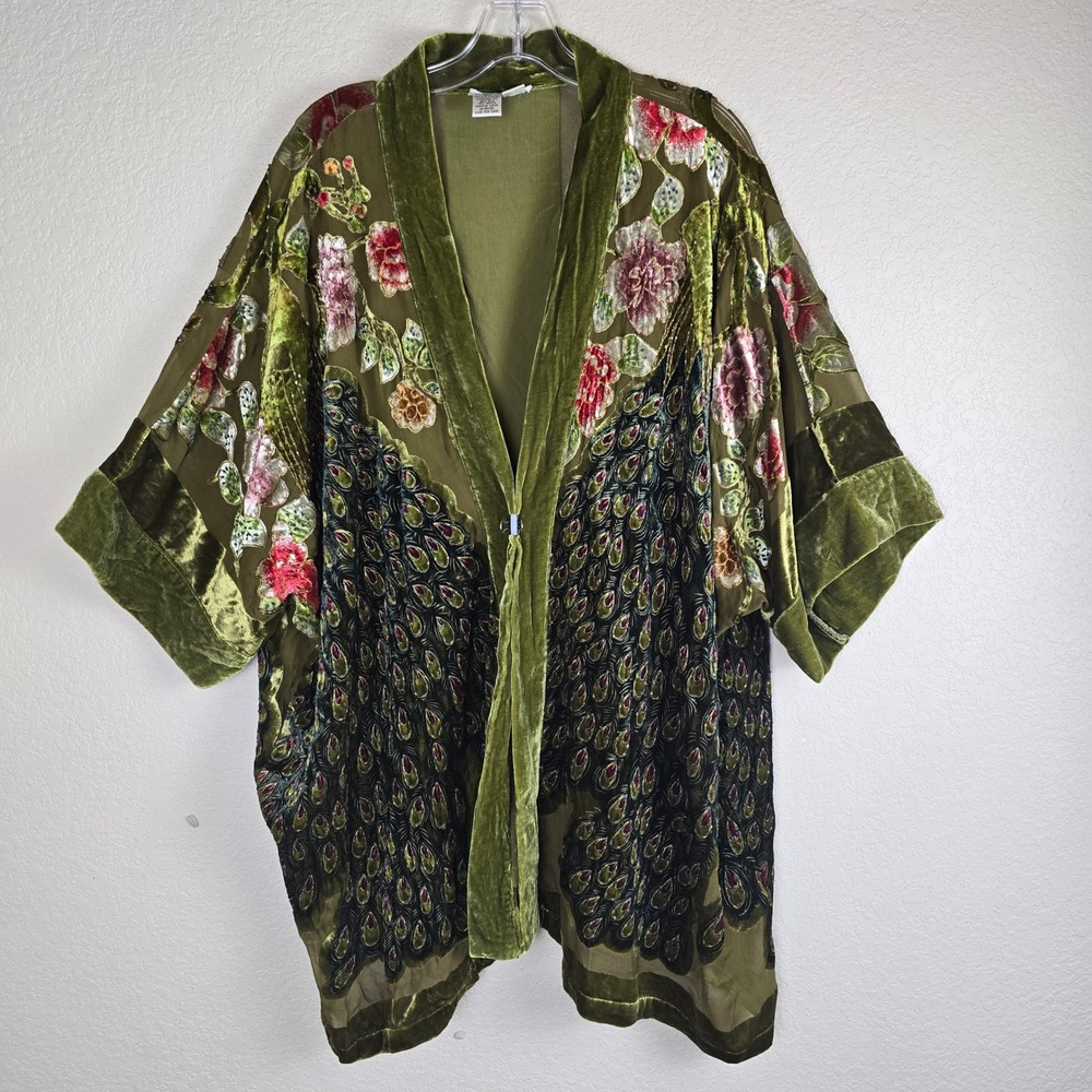 Ulla Popken Olive Green Burnout Silk Velvet Peacock Floral Beaded Kimono Coverup